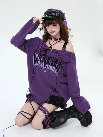 Gothic Off-Shoulder Oversized Women's Black Purple Sweater