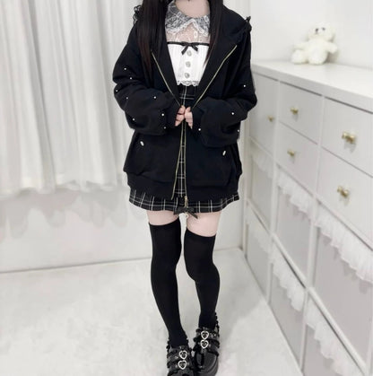 Lace Bunny Ears Black White Zip-up Hoodies