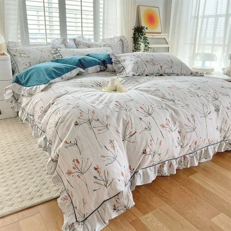 Floral White Blue Ruffles 100% Cotton 3pc Bedding Set