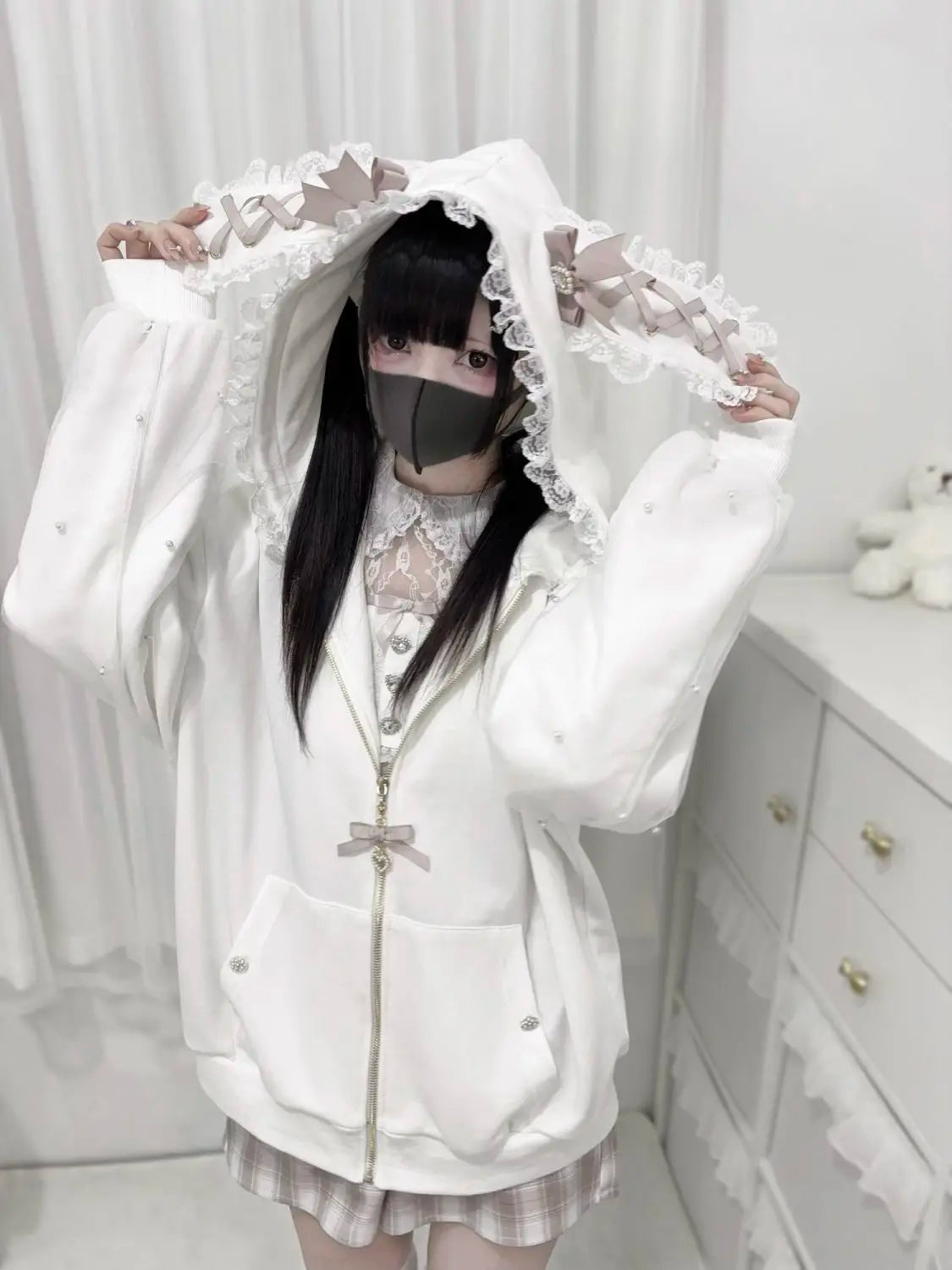 Lace Bunny Ears Black White Zip-up Hoodies