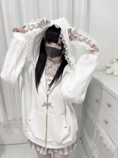 Lace Bunny Ears Black White Zip-up Hoodies