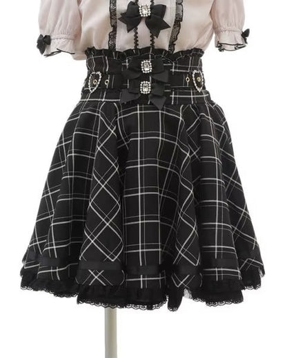 Gothic Heart Bow High Waist Black Plaid Skirt