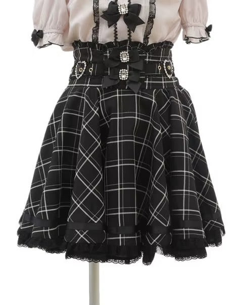 Gothic Heart Bow High Waist Black Plaid Skirt