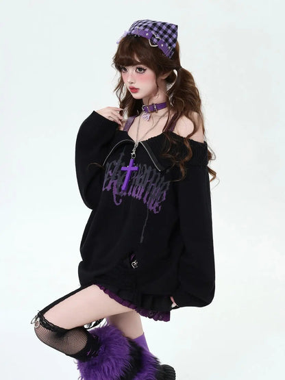 Gothic Off-Shoulder Oversized Women's Black Purple Sweater