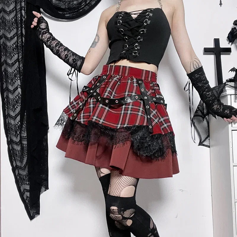 Harajuku Lolita Gothic Rouge Red Laced Plaid Pleated Skirt