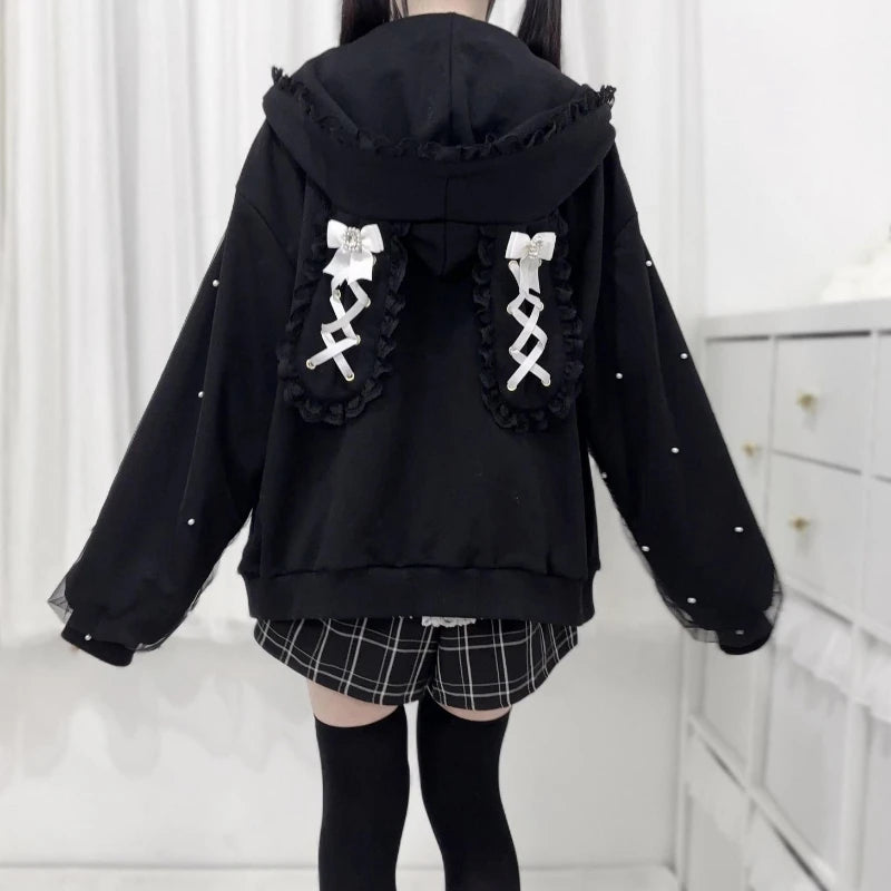 Lace Bunny Ears Black White Zip-up Hoodies