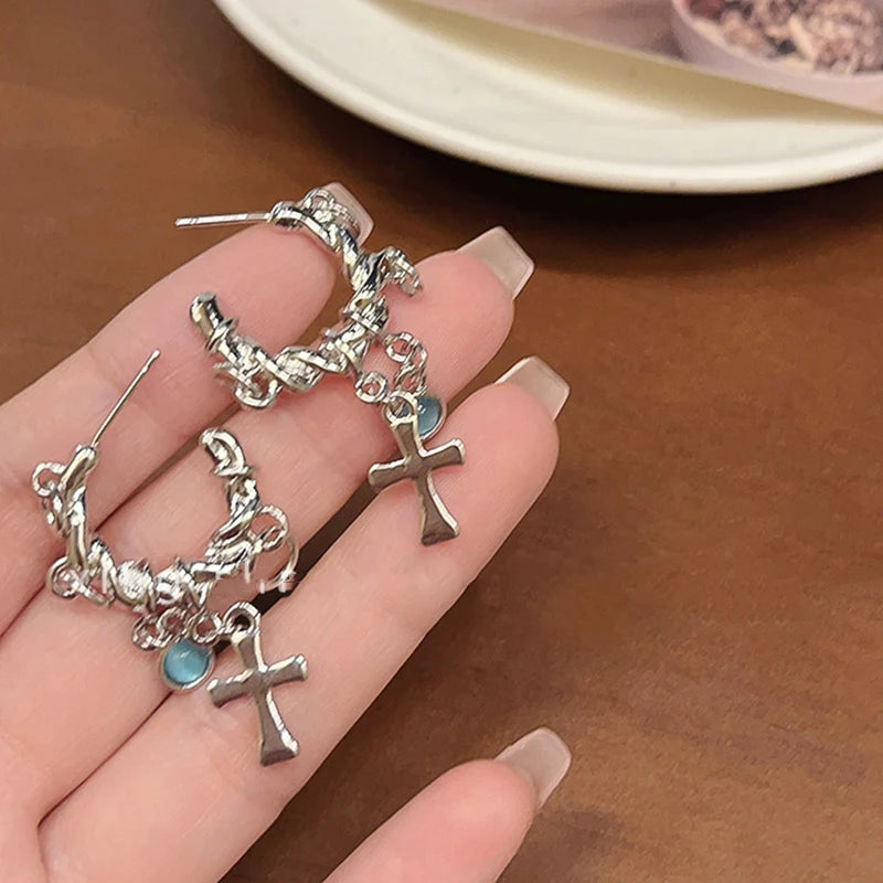 Chrome Cross Hoop Earrings