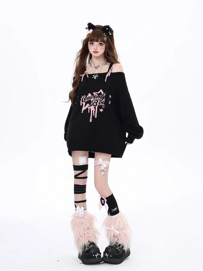 Gothic "Heavenly Body" Oversized Off-Shoulder Women's Black Pink Sweater