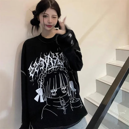 Oversized Harajuku Gothic "Sickness" Anime Girl White Black Tee