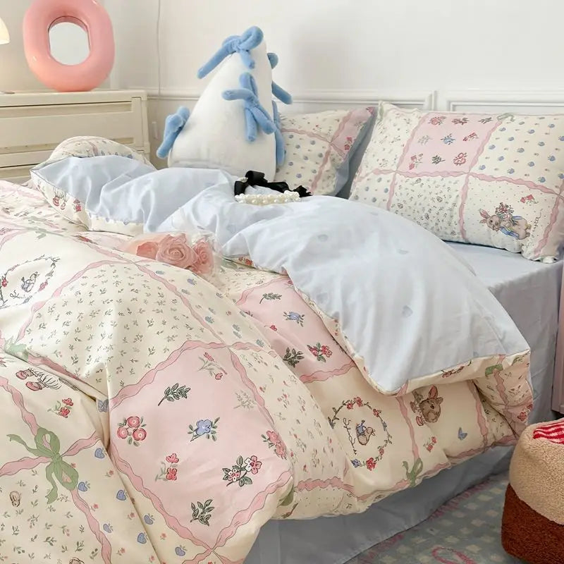 Vintage Bunny Rabbit Cute Polyester Bedding Set with Bed Sheet