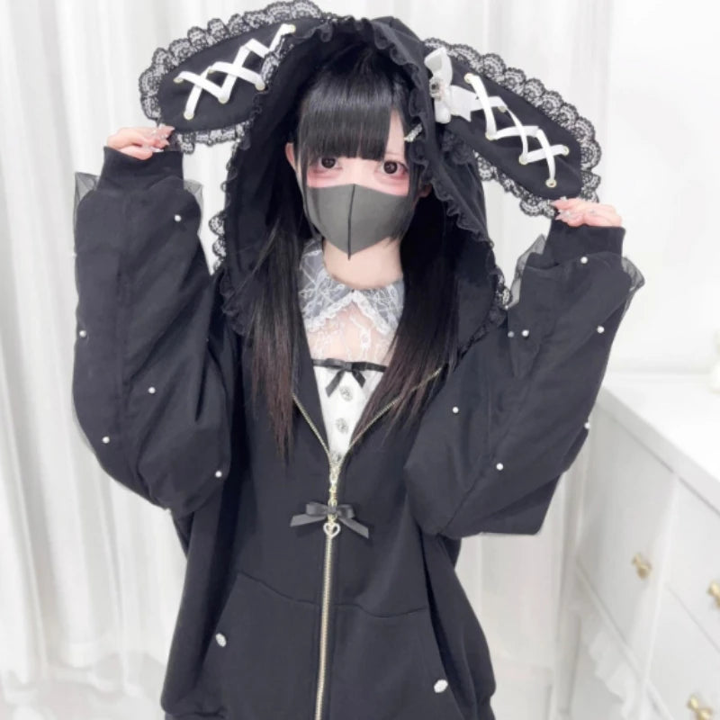 Lace Bunny Ears Black White Zip-up Hoodies