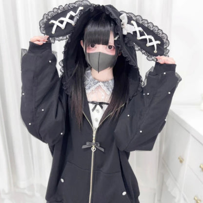 Lace Bunny Ears Black White Zip-up Hoodies