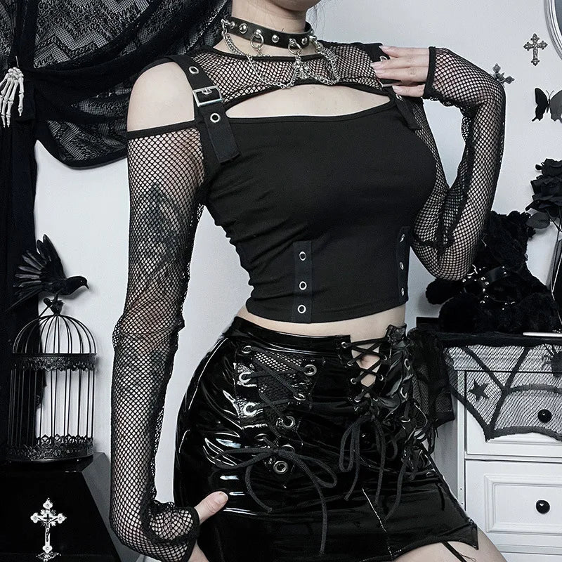 Midnight Mesh Buckle Gothic Women's Crop Top