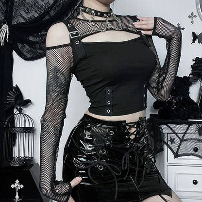 Midnight Mesh Buckle Gothic Women's Crop Top