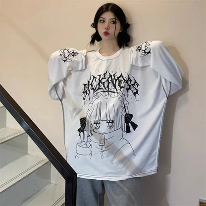 Oversized Harajuku Gothic "Sickness" Anime Girl White Black Tee