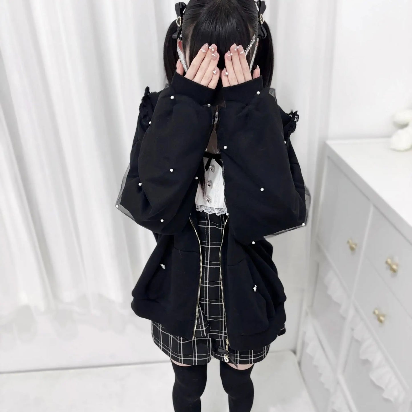 Lace Bunny Ears Black White Zip-up Hoodies