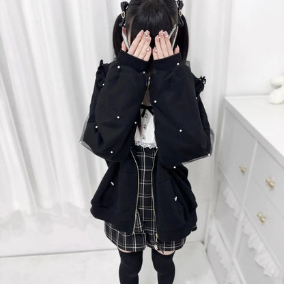 Lace Bunny Ears Black White Zip-up Hoodies