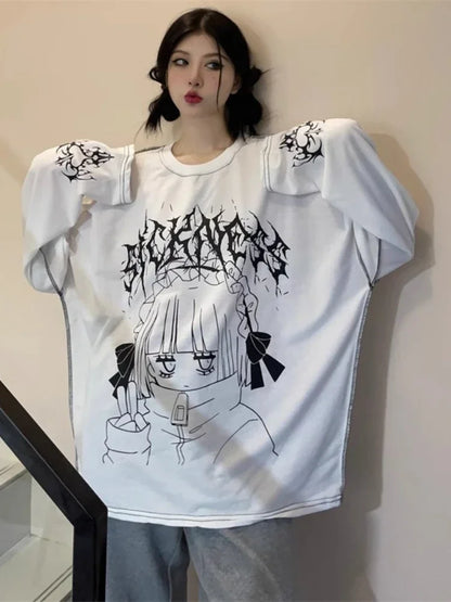 Oversized Harajuku Gothic "Sickness" Anime Girl White Black Tee