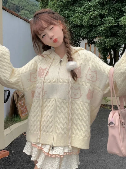 Kawaii Creamy Knit Cat Patch Zip-Up Hoodie