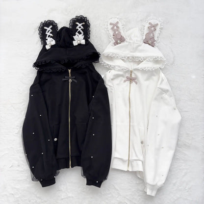 Lace Bunny Ears Black White Zip-up Hoodies