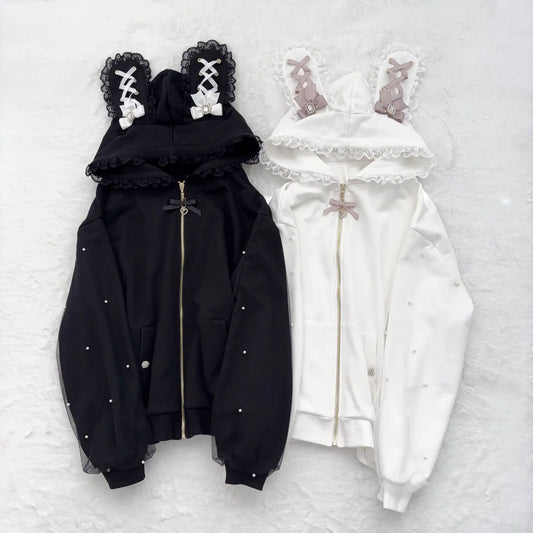 Lace Bunny Ears Black White Zip-up Hoodies