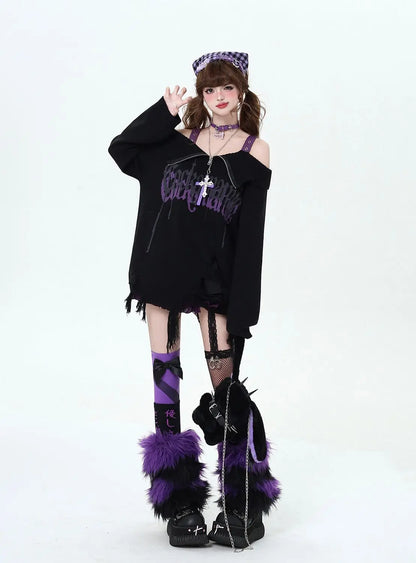 Gothic Off-Shoulder Oversized Women's Black Purple Sweater
