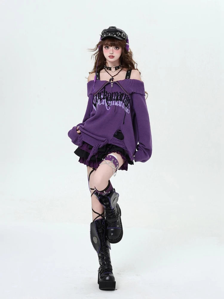 Gothic Off-Shoulder Oversized Women's Black Purple Sweater