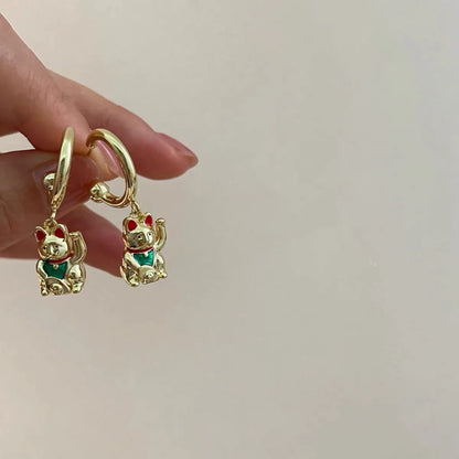Cute Lucky Cat 18K Gold-Plated Pendant Earrings