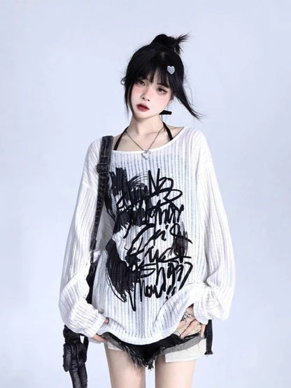 Graffiti Print Oversized Ribbed Long Sleeve Top