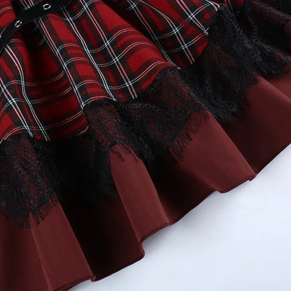 Harajuku Lolita Gothic Rouge Red Laced Plaid Pleated Skirt
