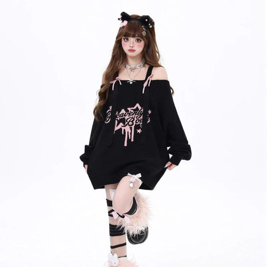 Gothic "Heavenly Body" Oversized Off-Shoulder Women's Black Pink Sweater