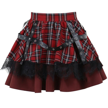 Harajuku Lolita Gothic Rouge Red Laced Plaid Pleated Skirt