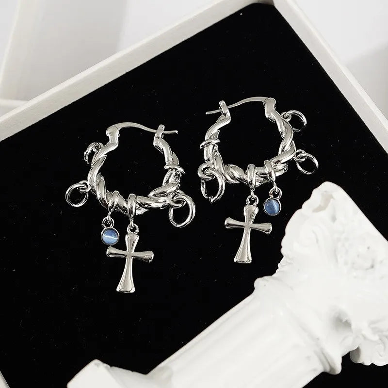 Chrome Cross Hoop Earrings
