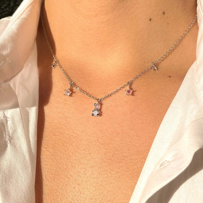 Kawaii Starry Bear Pink 18K Gold-Plated Station Necklace