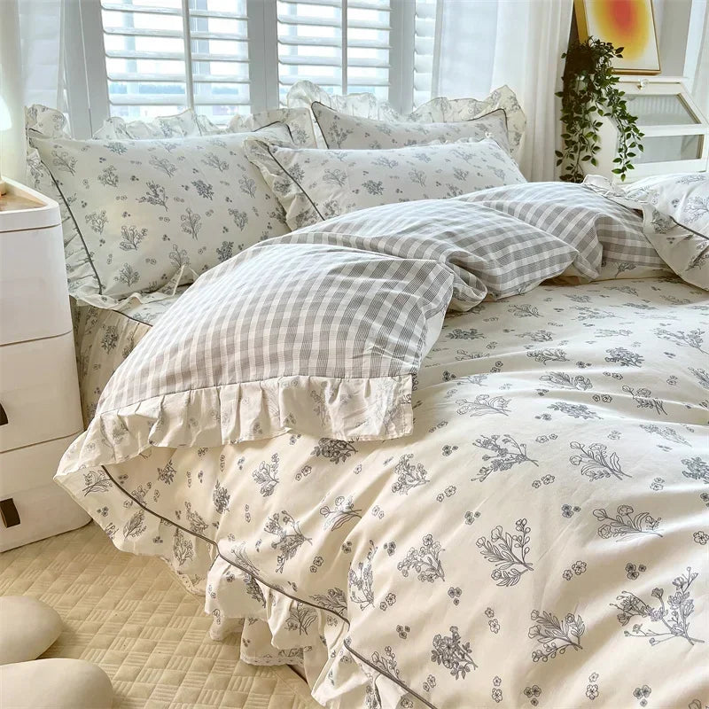 Floral White Blue Ruffles 100% Cotton 3pc Bedding Set