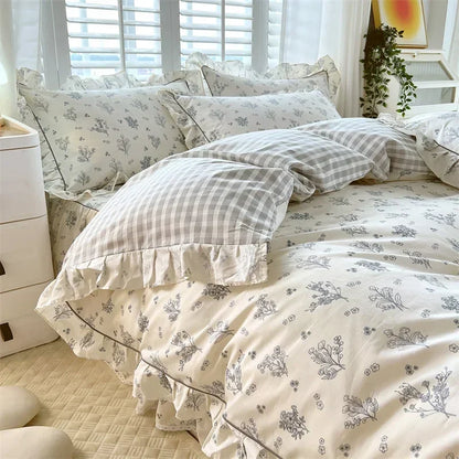Floral White Blue Ruffles 100% Cotton 3pc Bedding Set