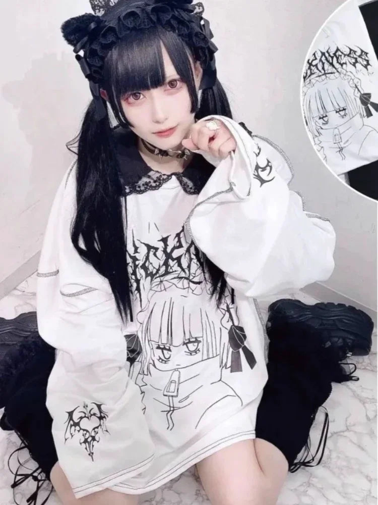 Oversized Harajuku Gothic "Sickness" Anime Girl White Black Tee