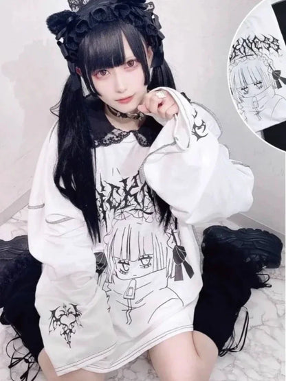 Oversized Harajuku Gothic "Sickness" Anime Girl White Black Tee