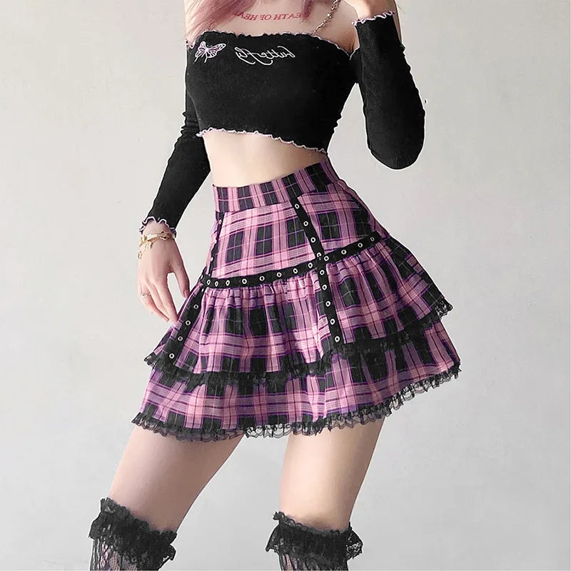 Harajuku Lolita Gothic Black Pink Laced Plaid Pleated Skirt