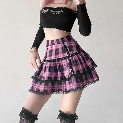 Harajuku Lolita Gothic Black Pink Laced Plaid Pleated Skirt