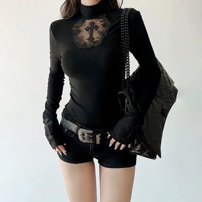 Nocturne Cross Mesh Gothic Women's Top