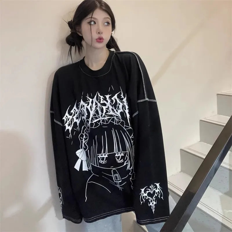 Oversized Harajuku Gothic "Sickness" Anime Girl White Black Tee