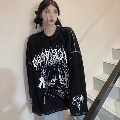 Oversized Harajuku Gothic "Sickness" Anime Girl White Black Tee