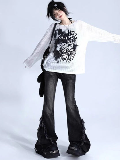 Graffiti Print Oversized Ribbed Long Sleeve Top