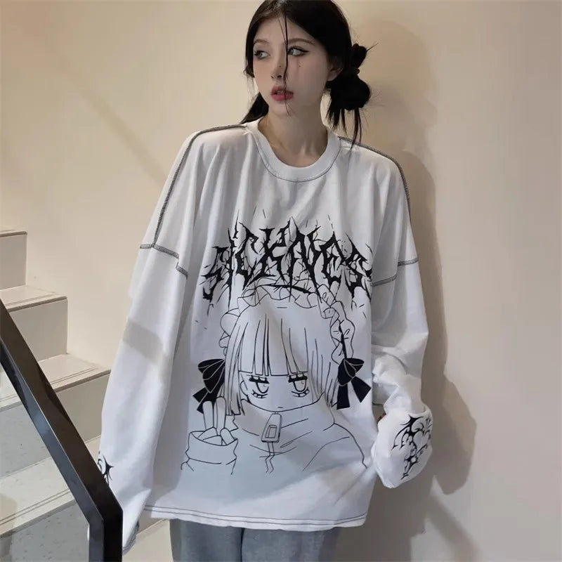 Oversized Harajuku Gothic "Sickness" Anime Girl White Black Tee