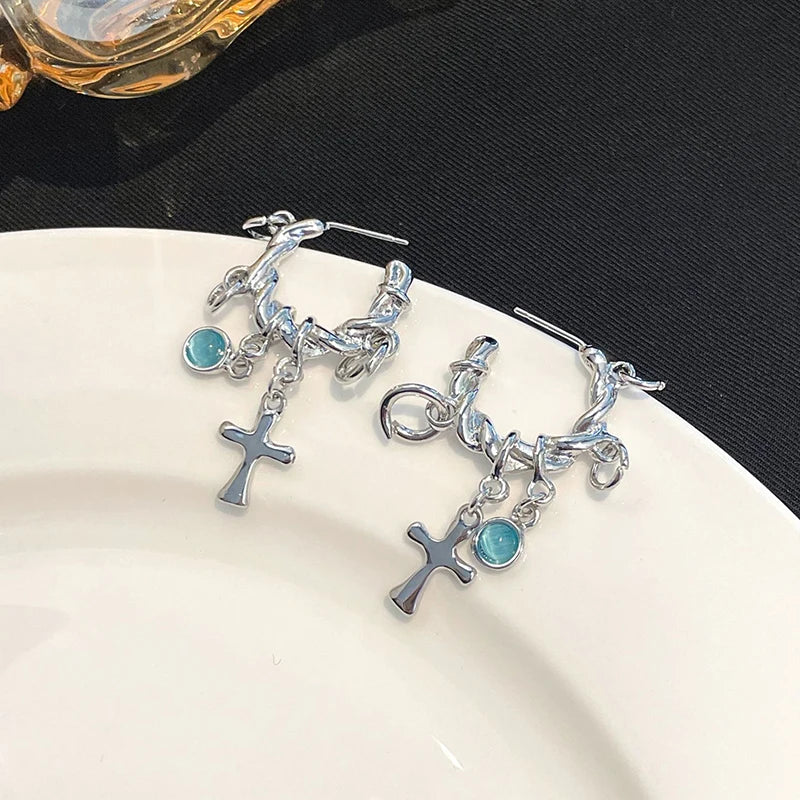 Chrome Cross Hoop Earrings