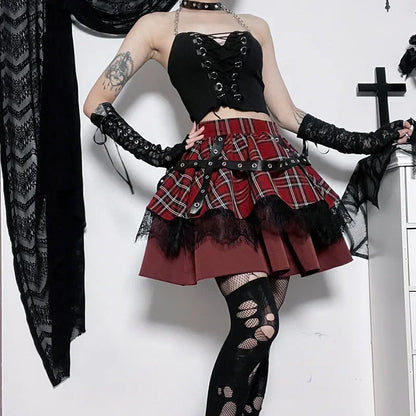 Harajuku Lolita Gothic Rouge Red Laced Plaid Pleated Skirt