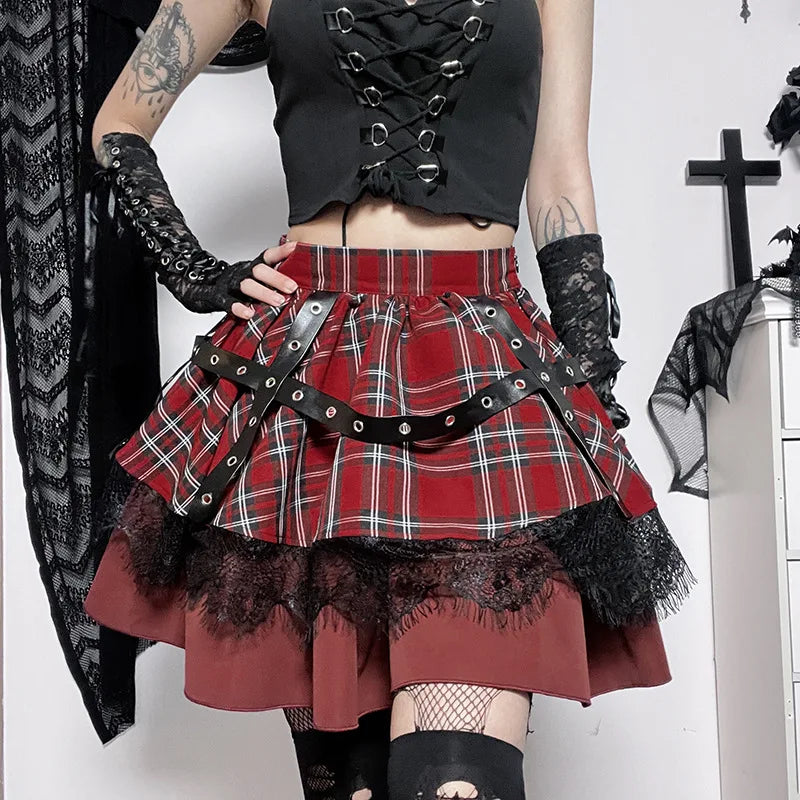 Harajuku Lolita Gothic Rouge Red Laced Plaid Pleated Skirt