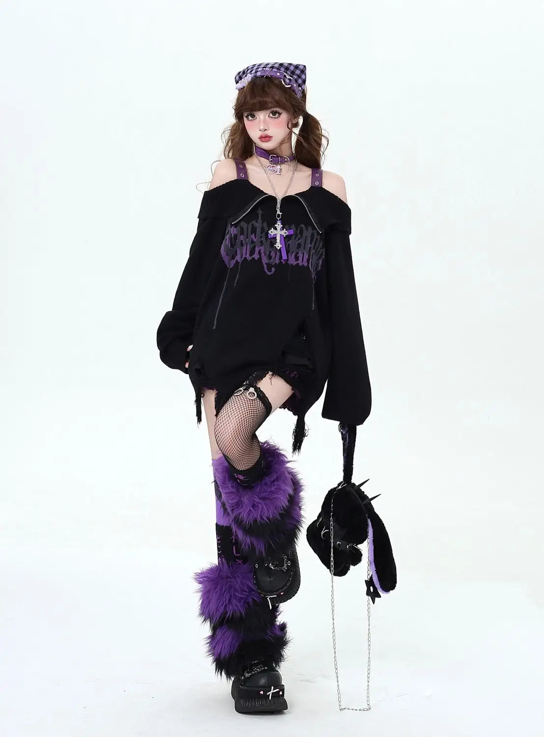 Gothic Off-Shoulder Oversized Women's Black Purple Sweater