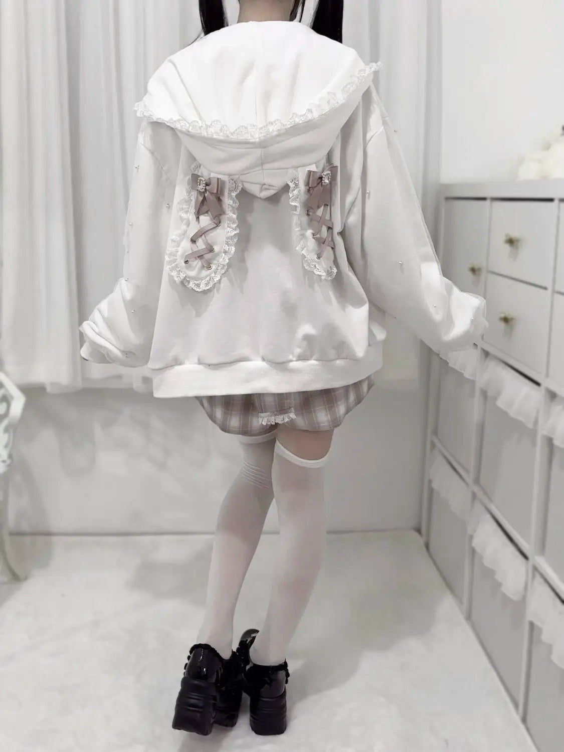 Lace Bunny Ears Black White Zip-up Hoodies